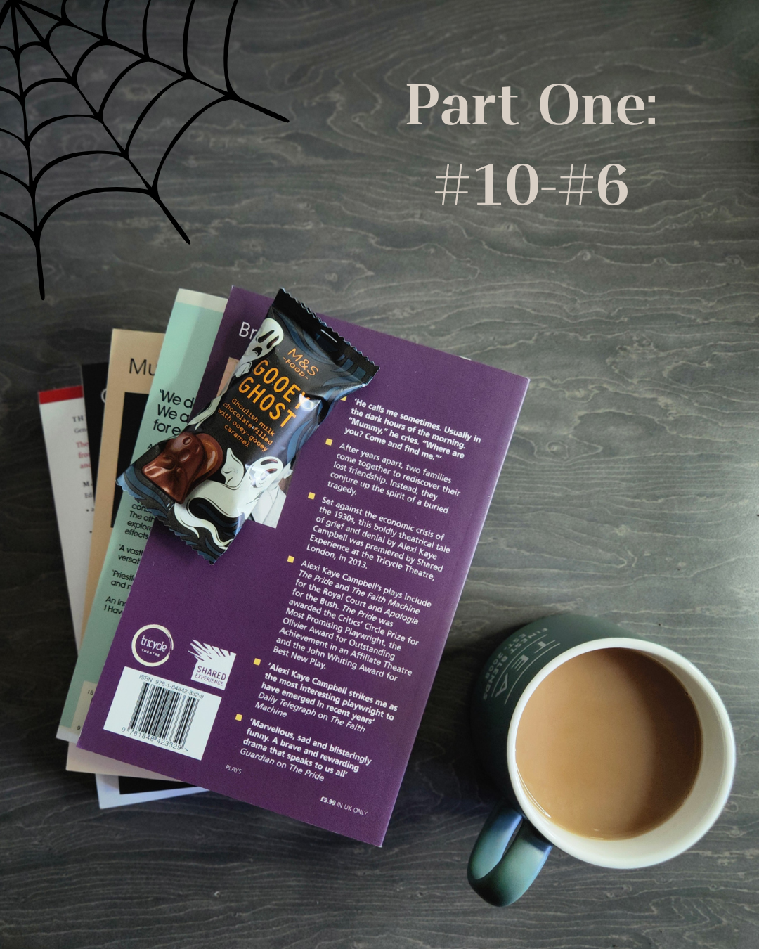 A cozy flat lay with a stack of books, a cup of tea or coffee, and a small Halloween-themed chocolate bar labeled “M&S Gooey Ghost.” The top book has a purple cover with text on the back. A simple black spider web graphic decorates the top left corner of the image. In the upper right corner, white text reads: “Part One: #10–#6.” The scene is set on a dark wood surface, creating a warm and autumnal atmosphere.